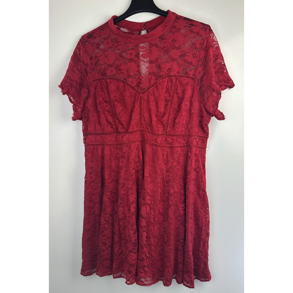 Torrid Mock Neck Fit & Flare Mini Dress Lace Jester Red Velvet Trim Plus Size 26 - Picture 2 of 16